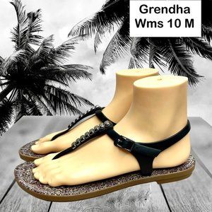 Grendha Womens Black Acai Print T-Strap Buckle Flat Sandal Size 10